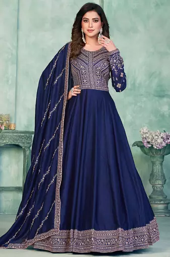 Blue art silk embroidered anarkali suit