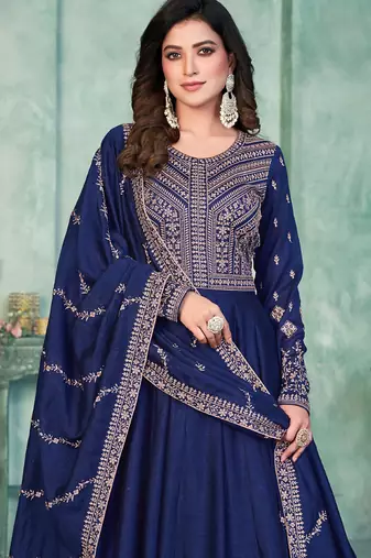 Blue art silk embroidered anarkali suit