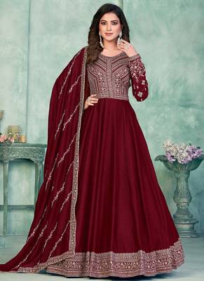 Maroon art silk embroidered anarkali suit 1