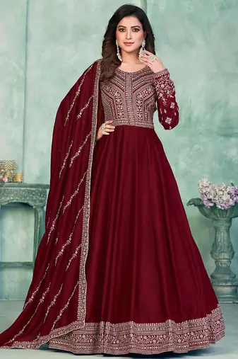 Maroon art silk embroidered anarkali suit