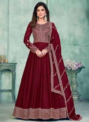 Maroon art silk embroidered anarkali suit 2