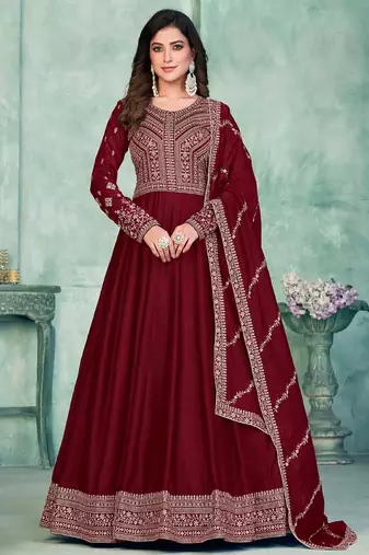 Maroon art silk embroidered anarkali suit