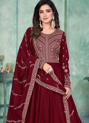 Maroon art silk embroidered anarkali suit 3