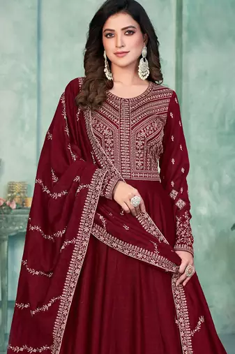 Maroon art silk embroidered anarkali suit