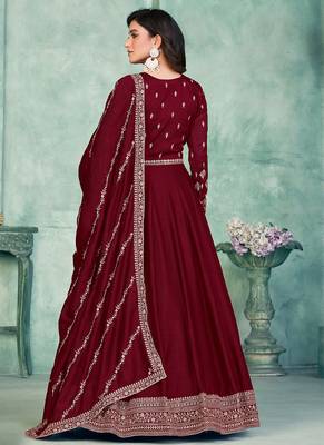 Maroon art silk embroidered anarkali suit 4
