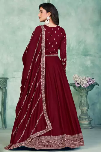 Maroon art silk embroidered anarkali suit