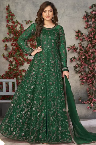 Green net embroidered anarkali suit
