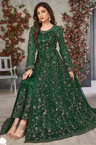Green net embroidered anarkali suit