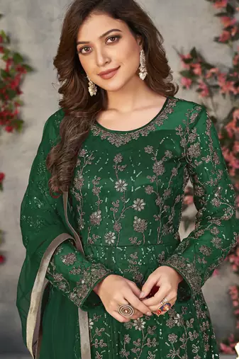 Green net embroidered anarkali suit