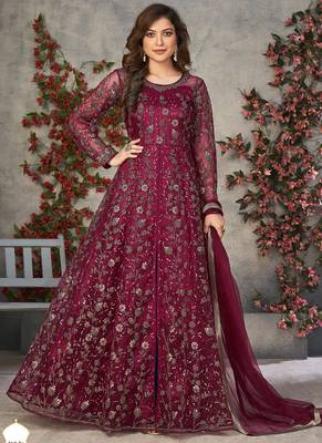 Wine net embroidered anarkali suit 1