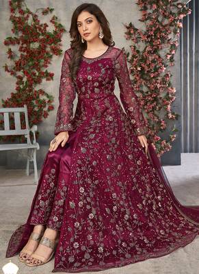 Wine net embroidered anarkali suit 2