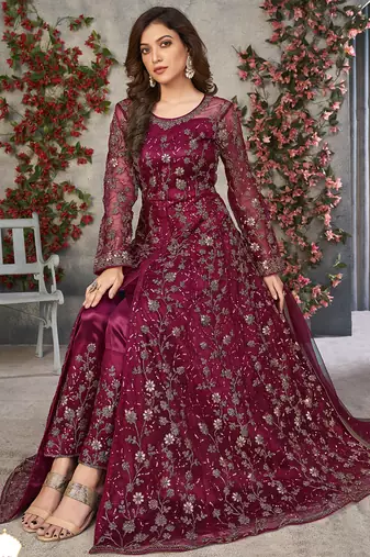 Wine net embroidered anarkali suit
