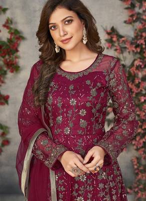 Wine net embroidered anarkali suit 3
