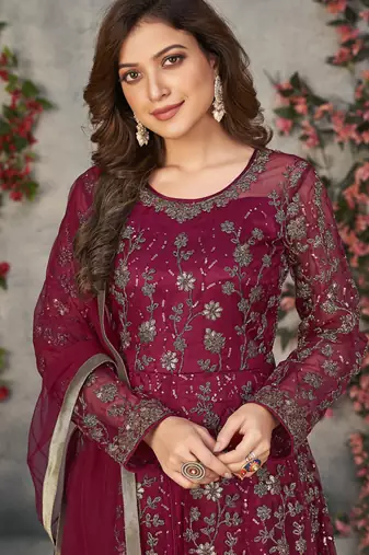 Wine net embroidered anarkali suit