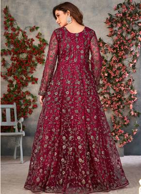 Wine net embroidered anarkali suit 4