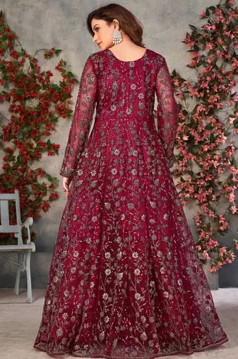 Wine net embroidered anarkali suit