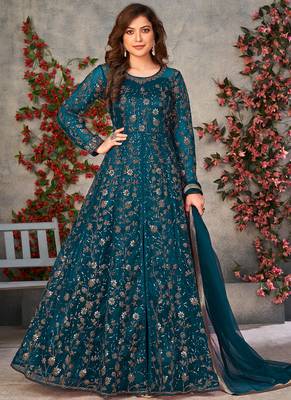 Teal net embroidered anarkali suit 1