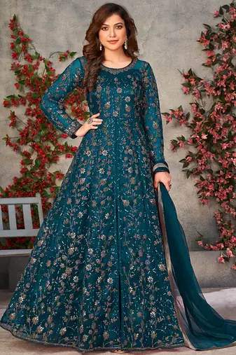 Teal net embroidered anarkali suit