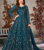 Teal net embroidered anarkali suit