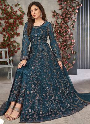 Teal net embroidered anarkali suit 2