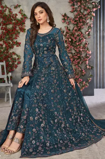 Teal net embroidered anarkali suit