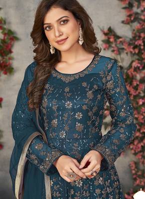 Teal net embroidered anarkali suit 3