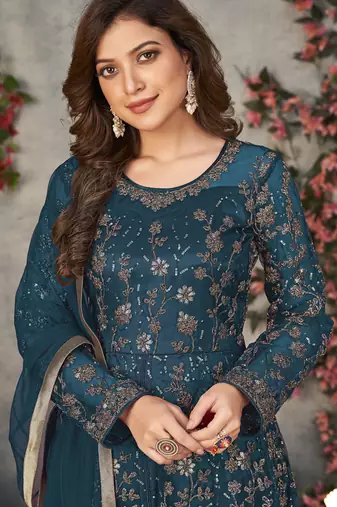 Teal net embroidered anarkali suit