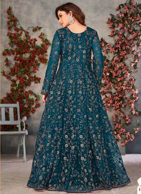 Teal net embroidered anarkali suit 4