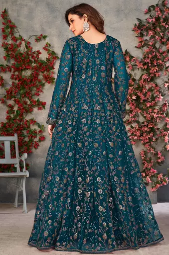 Teal net embroidered anarkali suit