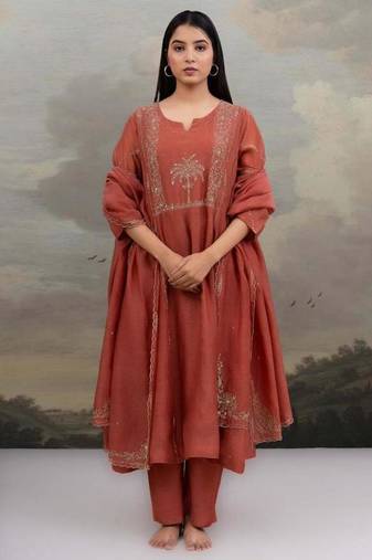 Rust desert palm dress with dupatta