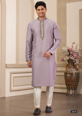 men's purple straight kurta pajama with plain banarasi art silk and without lining 1