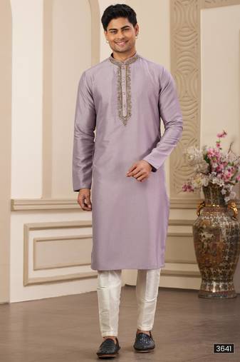 Men's purple straight kurta with plain banarasi art silk and without lining