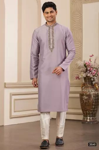 Men's purple straight kurta with plain banarasi art silk and without lining