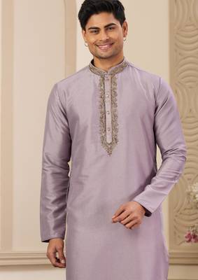 men's purple straight kurta pajama with plain banarasi art silk and without lining 2