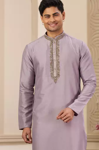men's purple straight kurta pajama with plain banarasi art silk and without lining