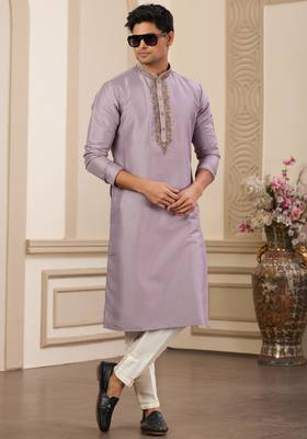 men's purple straight kurta pajama with plain banarasi art silk and without lining 3