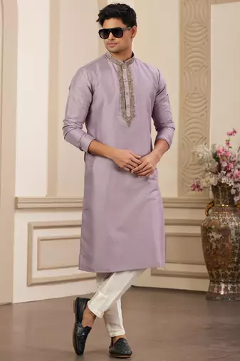 men's purple straight kurta pajama with plain banarasi art silk and without lining