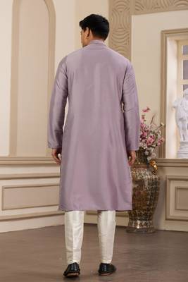 men's purple straight kurta pajama with plain banarasi art silk and without lining 4