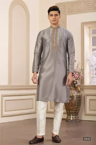 Men's grey  straight kurta with plain banarasi art silk and without lining