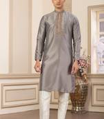 men's grey  straight kurta pajama with plain banarasi art silk and without lining