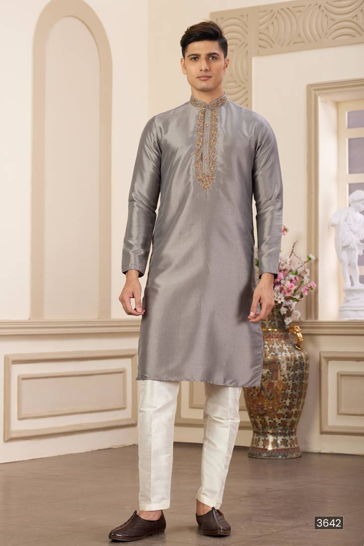 Men's grey  straight kurta with plain banarasi art silk and without lining