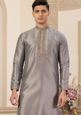 men's grey  straight kurta pajama with plain banarasi art silk and without lining 2