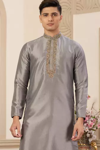 men's grey  straight kurta pajama with plain banarasi art silk and without lining