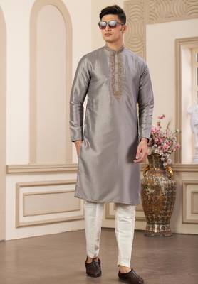 men's grey  straight kurta pajama with plain banarasi art silk and without lining 3
