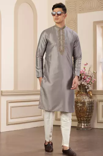 men's grey  straight kurta pajama with plain banarasi art silk and without lining