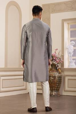 men's grey  straight kurta pajama with plain banarasi art silk and without lining 4