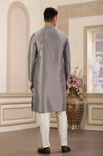 men's grey  straight kurta pajama with plain banarasi art silk and without lining