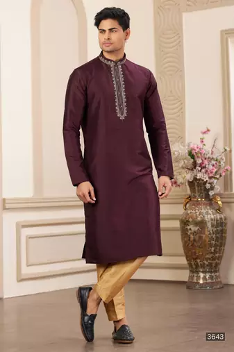 Men's wine  straight kurta with plain banarasi art silk and without lining