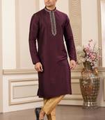 men's wine  straight kurta pajama with plain banarasi art silk and without lining