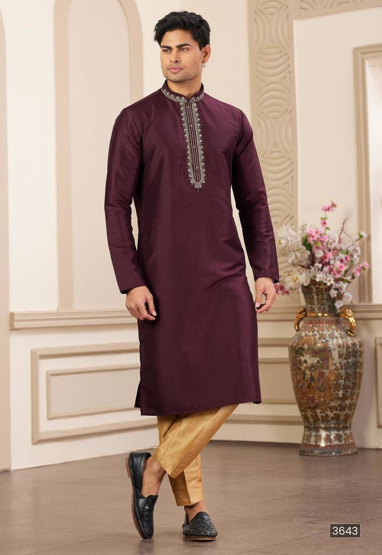 Men's wine  straight kurta with plain banarasi art silk and without lining